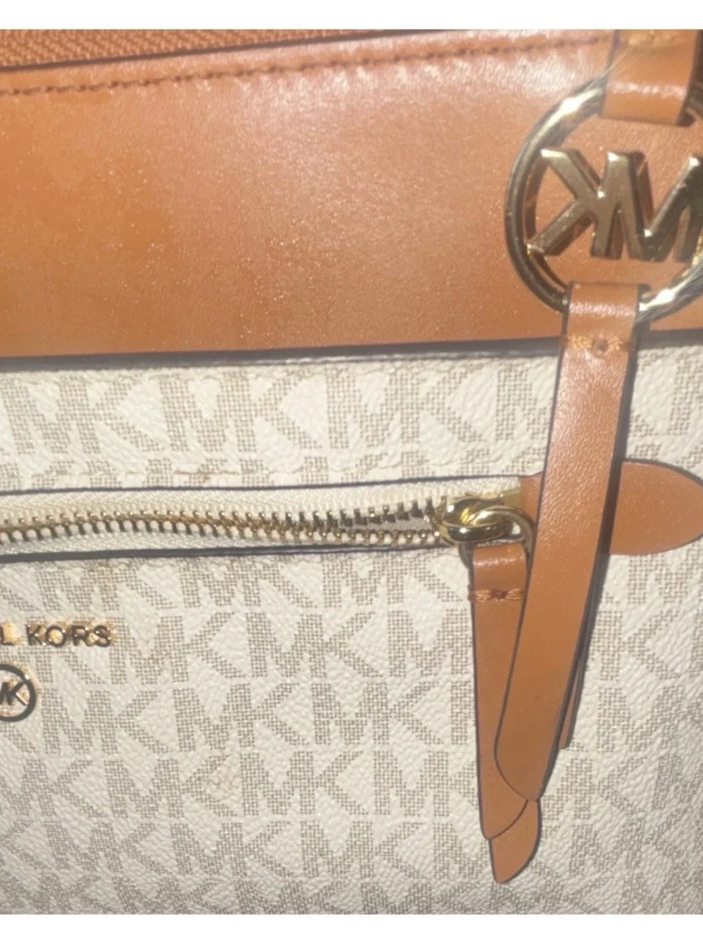 Michael Kors White & Tan MK Logo Messenger Bag